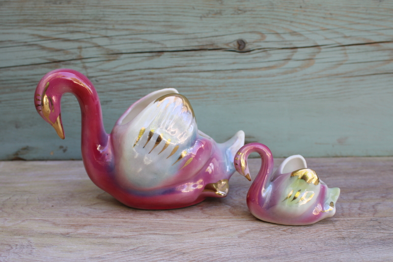 photo of 1950s vintage pink & green pottery swan & baby planters or vases, hand painted ceramic #1