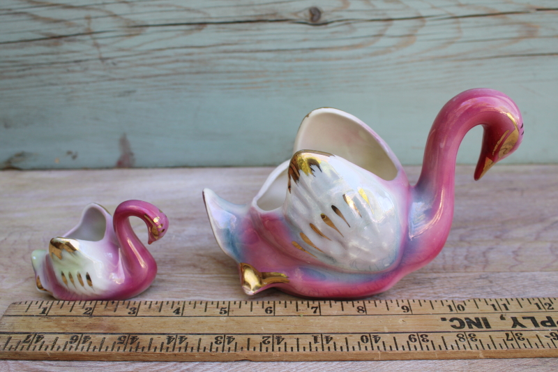 photo of 1950s vintage pink & green pottery swan & baby planters or vases, hand painted ceramic #2