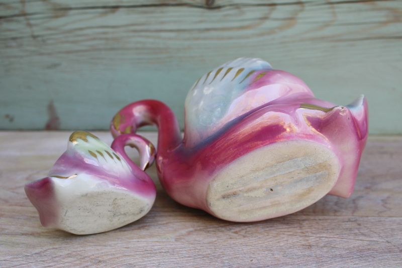 photo of 1950s vintage pink & green pottery swan & baby planters or vases, hand painted ceramic #6