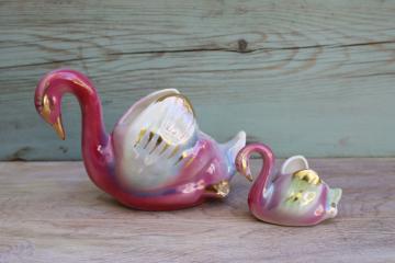 catalog photo of 1950s vintage pink & green pottery swan & baby planters or vases, hand painted ceramic