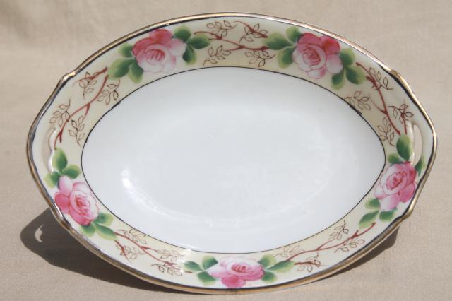 photo of 1950s vintage pink roses bowl & tiny nut dishes set, made in Japan hand-painted Nippon #5