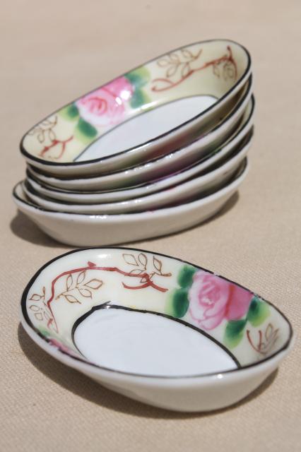 photo of 1950s vintage pink roses bowl & tiny nut dishes set, made in Japan hand-painted Nippon #9