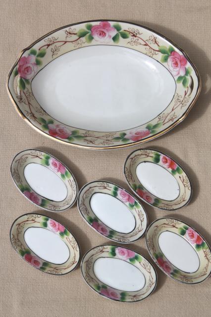 photo of 1950s vintage pink roses bowl & tiny nut dishes set, made in Japan hand-painted Nippon #11