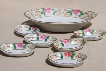 catalog photo of 1950s vintage pink roses bowl & tiny nut dishes set, made in Japan hand-painted Nippon