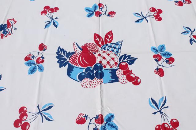 photo of 1950s vintage plastic tableclothw/ red & blue retro fruit, wipe-clean kitchen oilcloth #3
