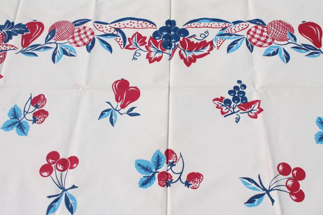 photo of 1950s vintage plastic tableclothw/ red & blue retro fruit, wipe-clean kitchen oilcloth #4