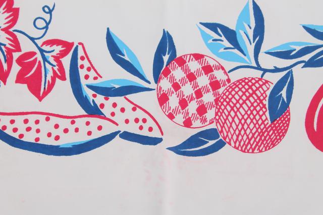 photo of 1950s vintage plastic tableclothw/ red & blue retro fruit, wipe-clean kitchen oilcloth #5