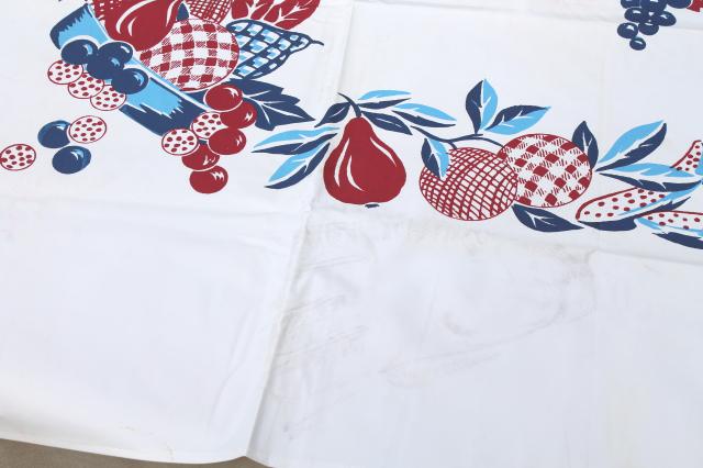 photo of 1950s vintage plastic tableclothw/ red & blue retro fruit, wipe-clean kitchen oilcloth #6