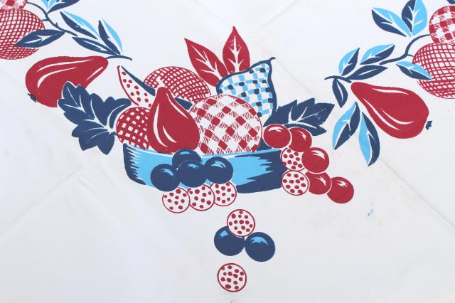 photo of 1950s vintage plastic tableclothw/ red & blue retro fruit, wipe-clean kitchen oilcloth #7