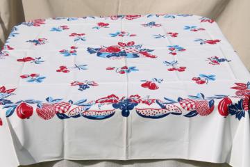 catalog photo of 1950s vintage plastic tableclothw/ red & blue retro fruit, wipe-clean kitchen oilcloth