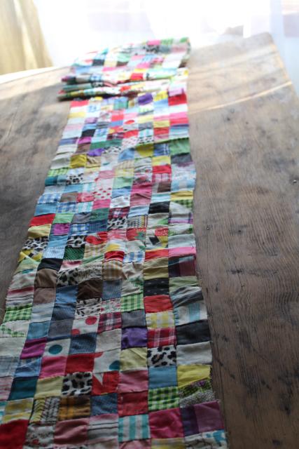 photo of 1950s vintage postage stamp patchwork quilt block table runner, cotton prints, flannel fabric #2