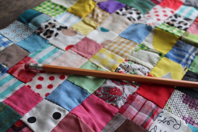 photo of 1950s vintage postage stamp patchwork quilt block table runner, cotton prints, flannel fabric #4