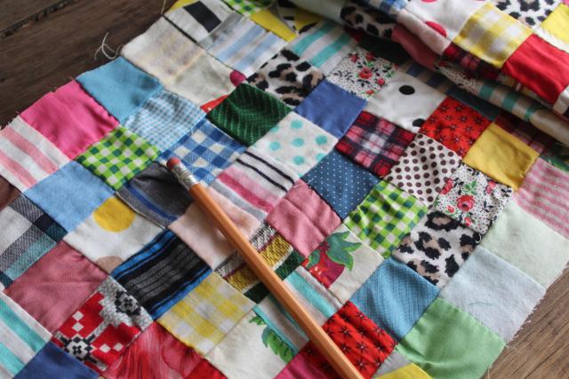 photo of 1950s vintage postage stamp patchwork quilt block table runner, cotton prints, flannel fabric #5