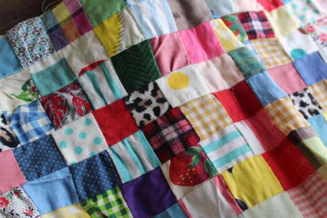 photo of 1950s vintage postage stamp patchwork quilt block table runner, cotton prints, flannel fabric #6