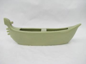 catalog photo of 1950s vintage pottery TV planter, gondola shape, mod nile green color