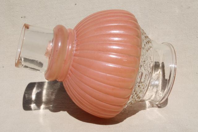 photo of 1950s vintage pressed glass lampshade, rose pink hurricane chimney shade for boudoir lamp #3