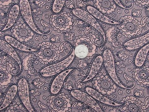 photo of 1950s vintage print cotton dress weight fabric, pink/navy paisley #1