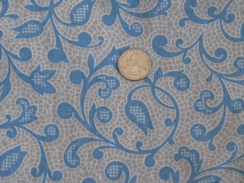 photo of 1950s vintage print cotton fabric, blue vines on soft grey & white #1