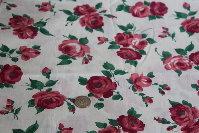 photo of 1950s vintage print cotton fabric w/ deep pink roses, cottage style floral #1