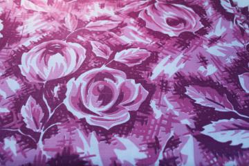 catalog photo of 1950s vintage print cotton fabric, ladylike roses floral in plum pink