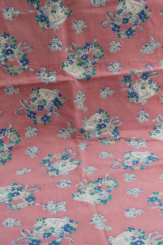 photo of 1950s vintage print cotton feed sack fabric, buckets of flowers on pink #1