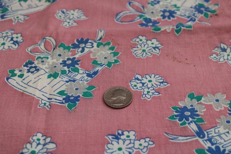 photo of 1950s vintage print cotton feed sack fabric, buckets of flowers on pink #2