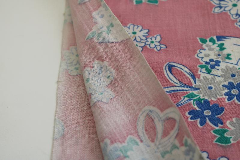 photo of 1950s vintage print cotton feed sack fabric, buckets of flowers on pink #3