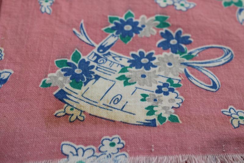 photo of 1950s vintage print cotton feed sack fabric, buckets of flowers on pink #5