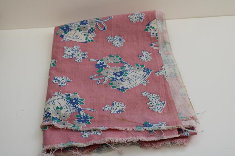 photo of 1950s vintage print cotton feed sack fabric, buckets of flowers on pink #6