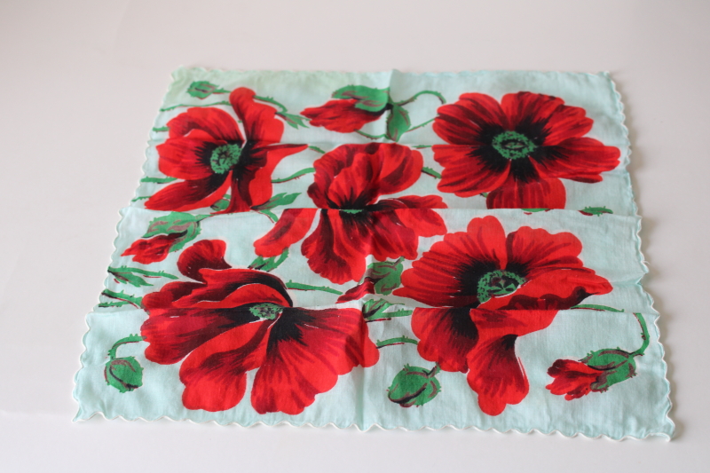 photo of 1950s vintage print cotton hanky, huge red poppies on aqua blue handkerchief  #1
