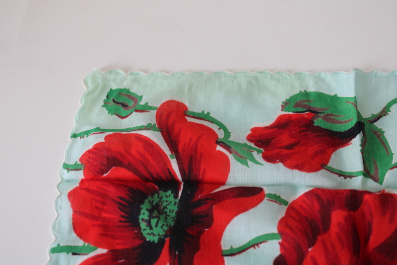photo of 1950s vintage print cotton hanky, huge red poppies on aqua blue handkerchief #2