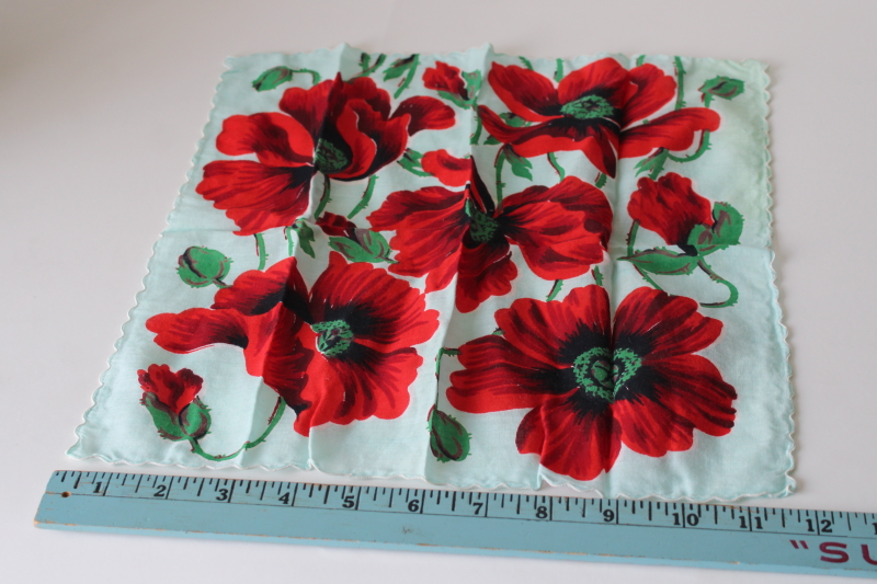 photo of 1950s vintage print cotton hanky, huge red poppies on aqua blue handkerchief #3