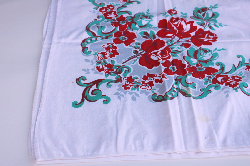 photo of 1950s vintage printed cotton kitchen tablecloth, turquoise green & red roses floral print on white  #1