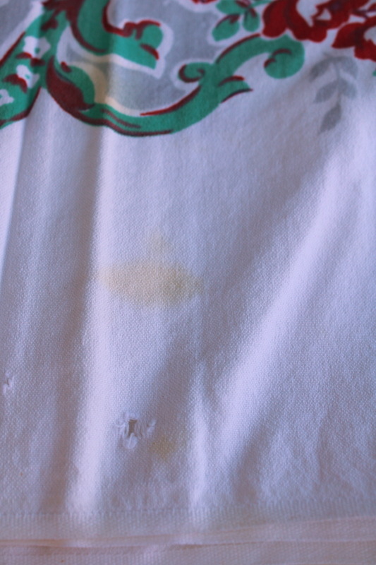 photo of 1950s vintage printed cotton kitchen tablecloth, turquoise green & red roses floral print on white #2