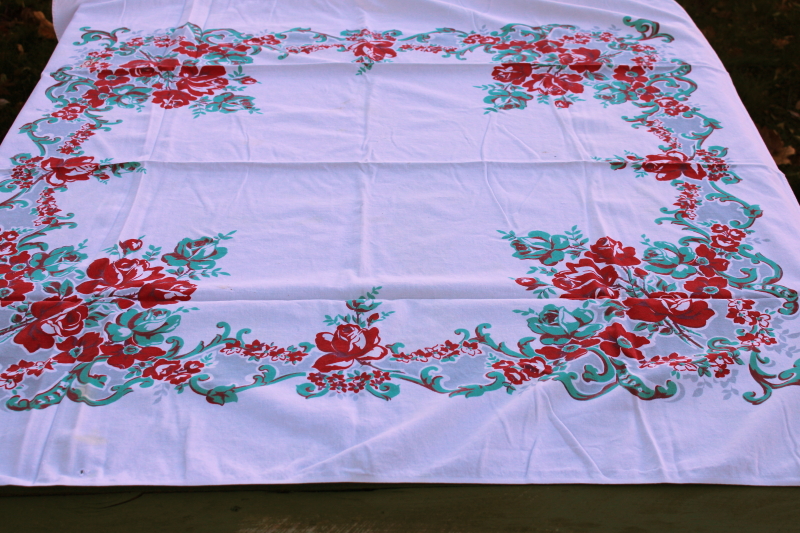photo of 1950s vintage printed cotton kitchen tablecloth, turquoise green & red roses floral print on white #5
