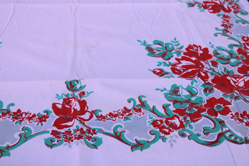 photo of 1950s vintage printed cotton kitchen tablecloth, turquoise green & red roses floral print on white #6