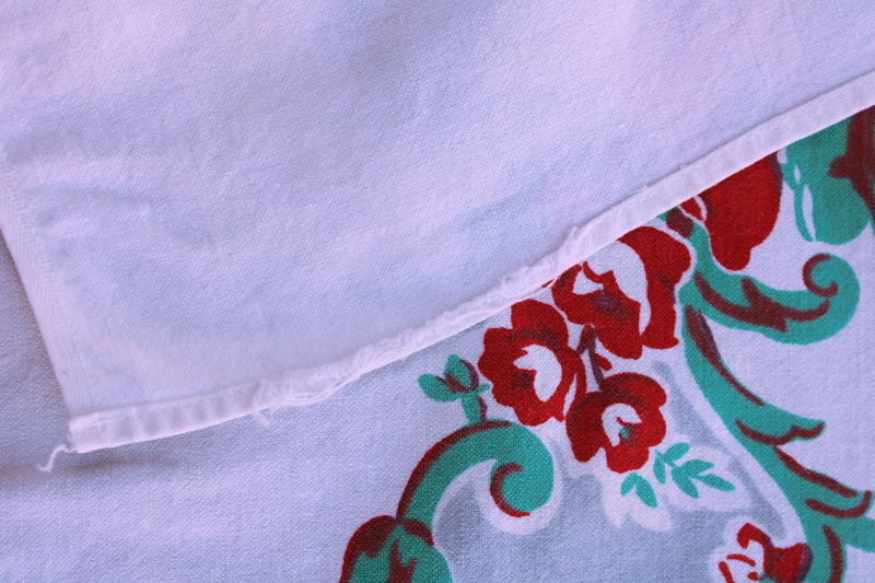 photo of 1950s vintage printed cotton kitchen tablecloth, turquoise green & red roses floral print on white #7
