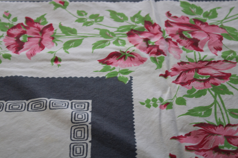 photo of 1950s vintage printed cotton tablecloth, pink & gray floral print poppy flowers? #1