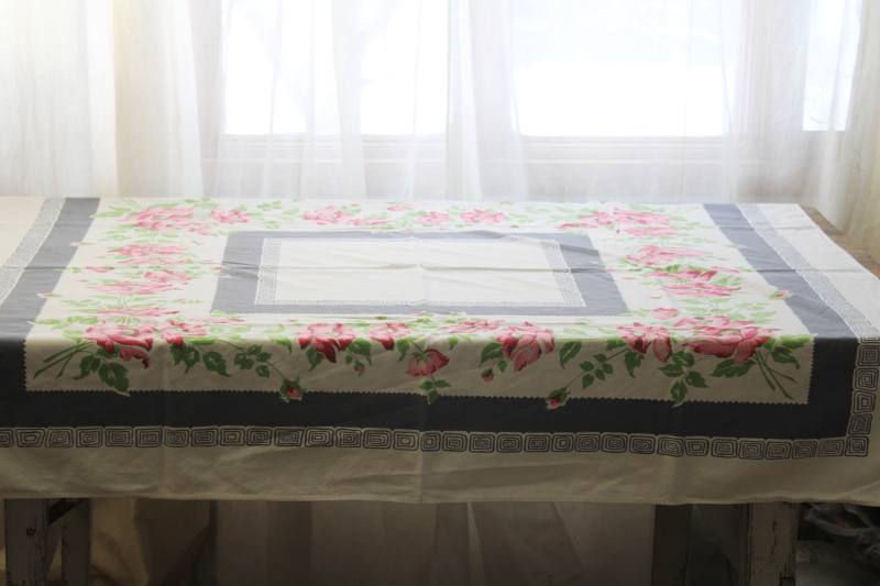 photo of 1950s vintage printed cotton tablecloth, pink & gray floral print poppy flowers? #4