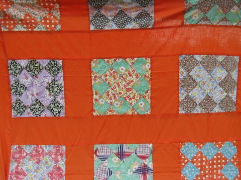 photo of 1950s vintage quilt top, old print cotton patchwork blocks, orange border #2