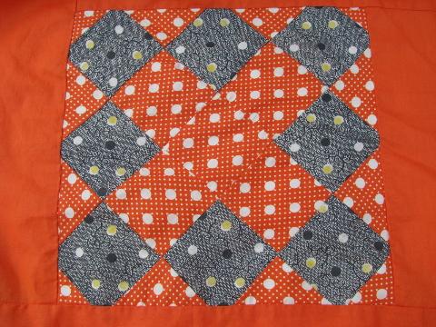 photo of 1950s vintage quilt top, old print cotton patchwork blocks, orange border #3