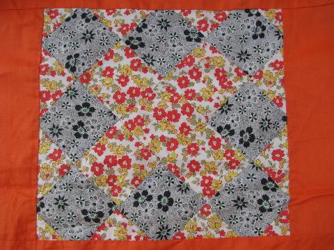 photo of 1950s vintage quilt top, old print cotton patchwork blocks, orange border #5