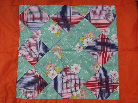 photo of 1950s vintage quilt top, old print cotton patchwork blocks, orange border #6