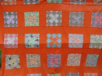 catalog photo of 1950s vintage quilt top, old print cotton patchwork blocks, orange border