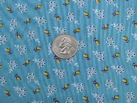 photo of 1950's vintage quilting print cotton fabric, yellow rosebuds on aqua blue #1