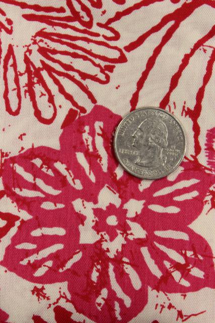 photo of 1950s vintage rayon fabric, Hawaiian tropical print flowers red & pink #3