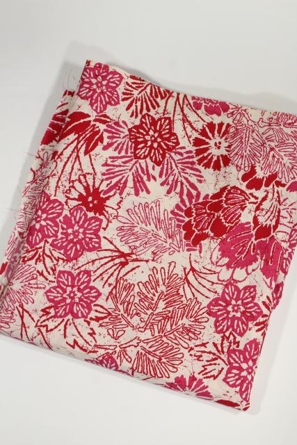 photo of 1950s vintage rayon fabric, Hawaiian tropical print flowers red & pink #4