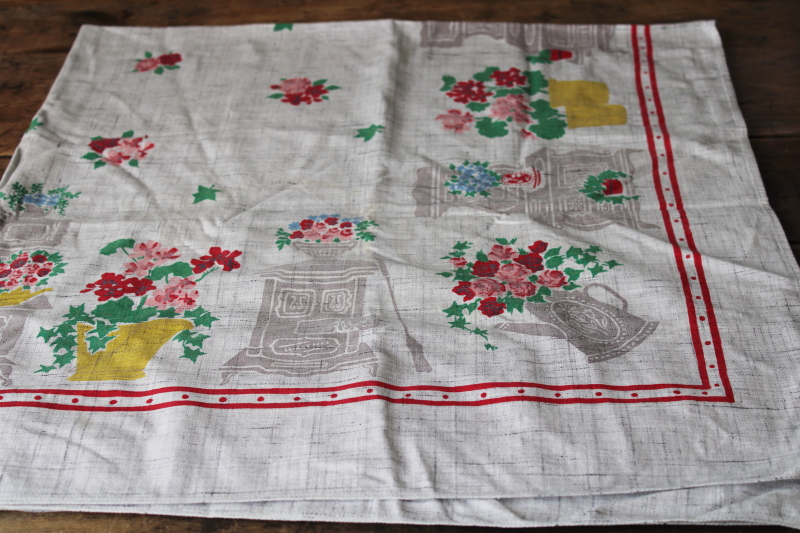 photo of 1950s vintage rayon tablecloth, cutter fabric for aprons or kitchen linens curtains #1