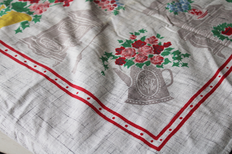 photo of 1950s vintage rayon tablecloth, cutter fabric for aprons or kitchen linens curtains #2