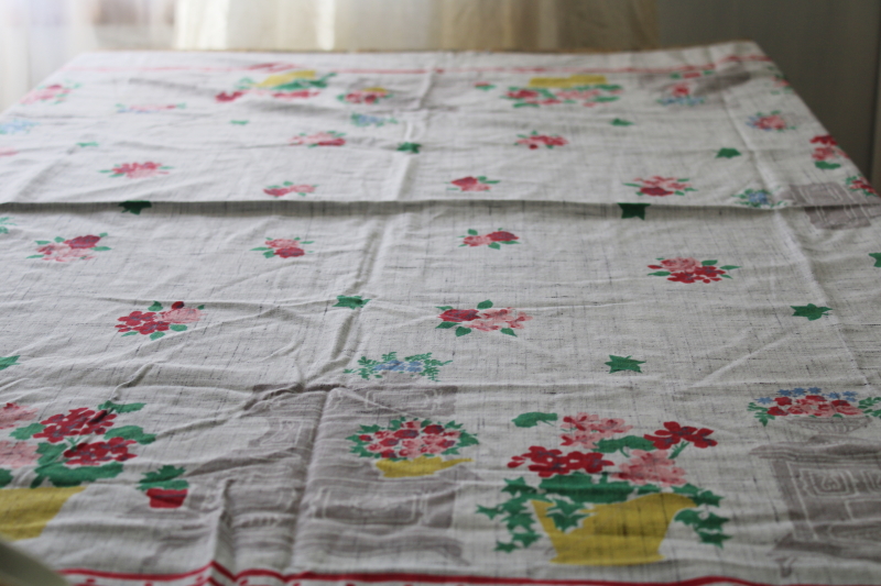 photo of 1950s vintage rayon tablecloth, cutter fabric for aprons or kitchen linens curtains #6